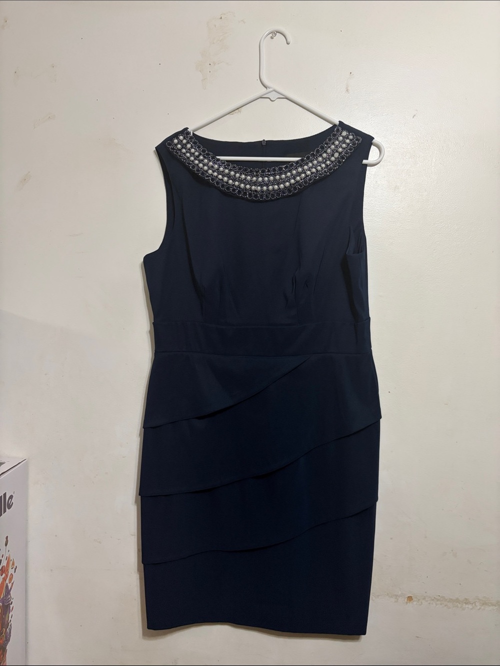 connected apparel Navy Beaded Neck Tiered Midi Dress